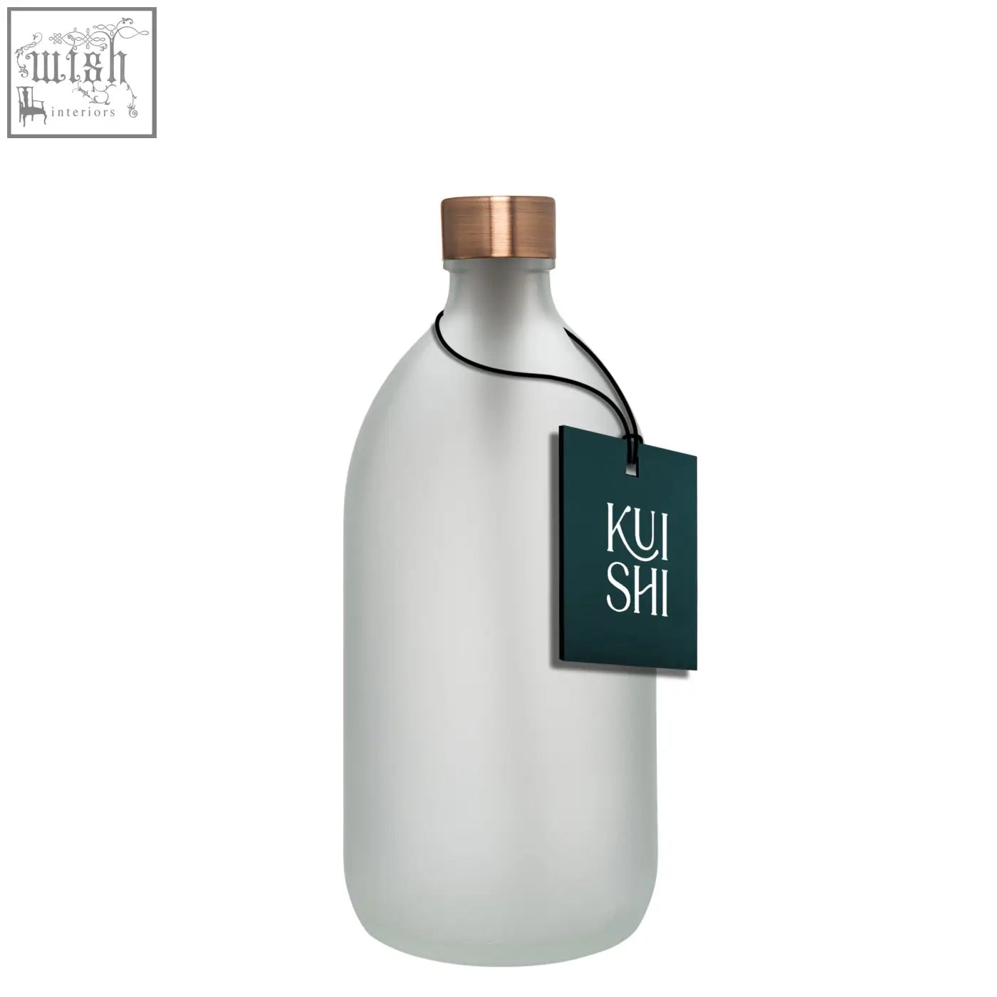 A frosted white glass bottle with a copper-colored stainless steel cap and a dark green kui shi tag
