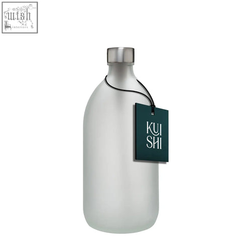 White glass bottle with frosted glass body and stainless steel silver lid with kui shi dark green tag