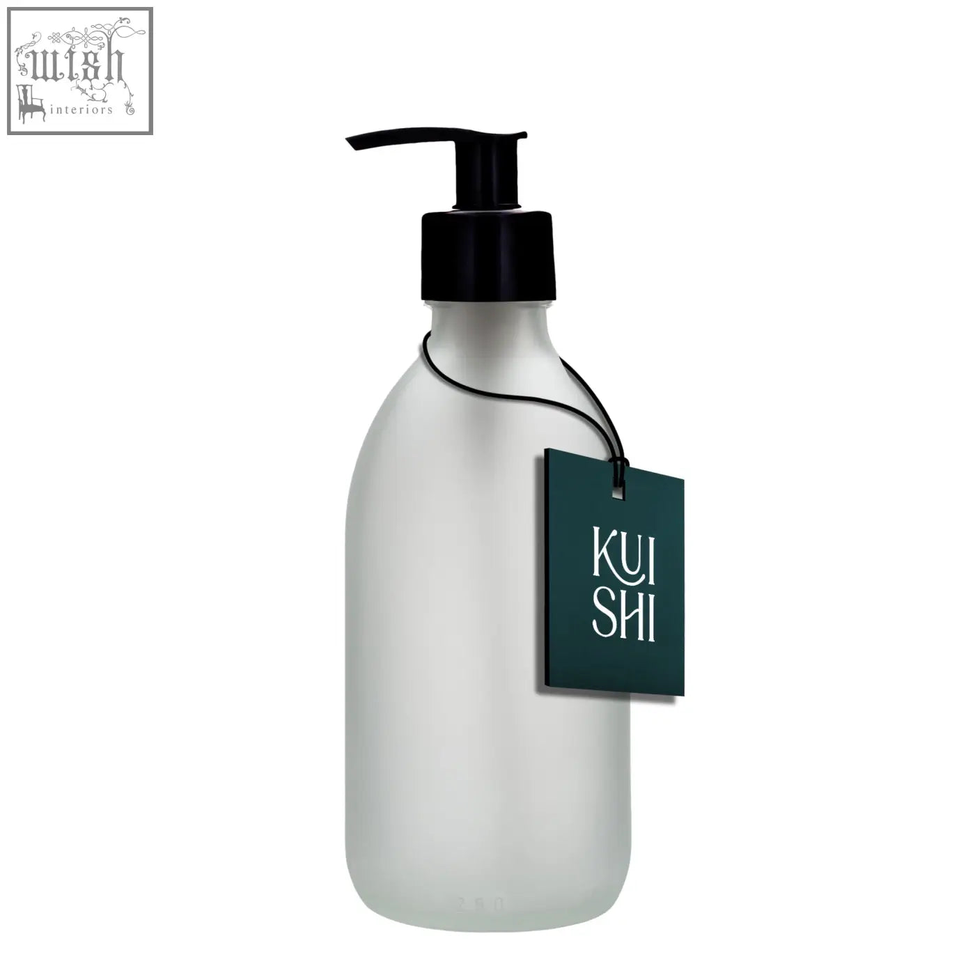 A frosted white glass pump bottle with black dispenser and dark green kui shi tag, perfect white glass pump container