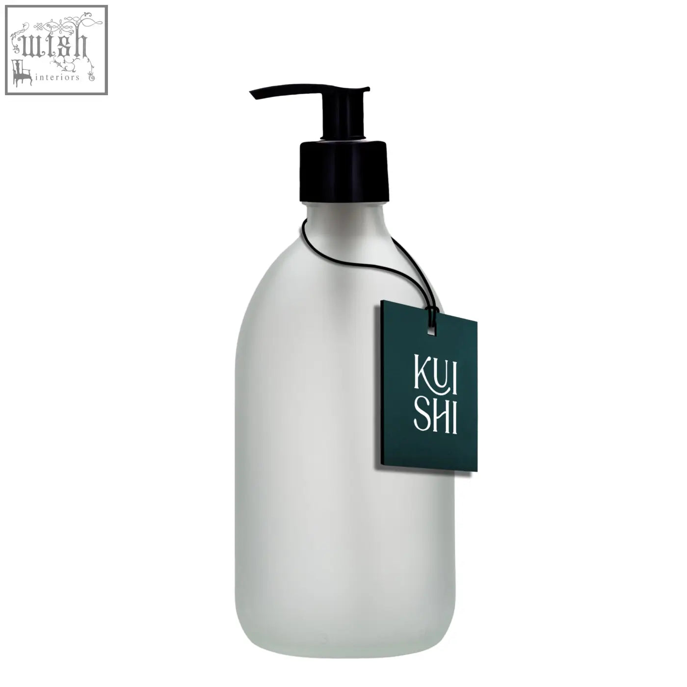 Frosted white glass pump bottle with black dispenser and dark green kui shi tag in a white glass pump design