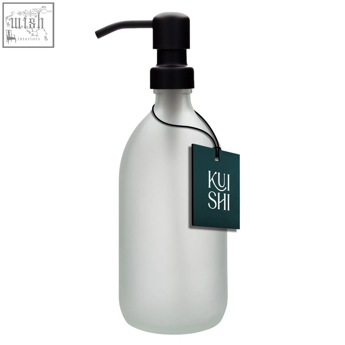 White glass soap dispenser with frosted glass body, sleek black pump, and dark green kui shi tag for stylish use