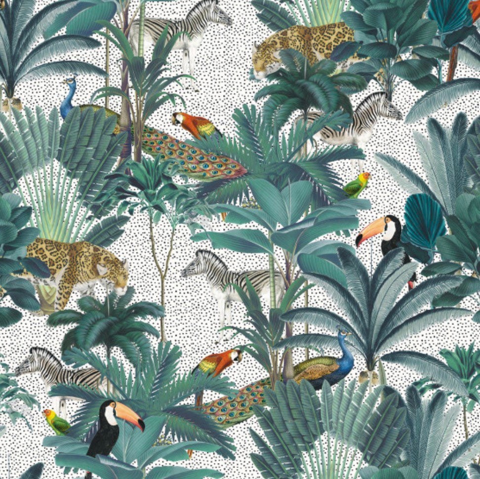 White jungle velvet lampshade french drum with vibrant jungle foliage and animals perfect as a lampshade french drum