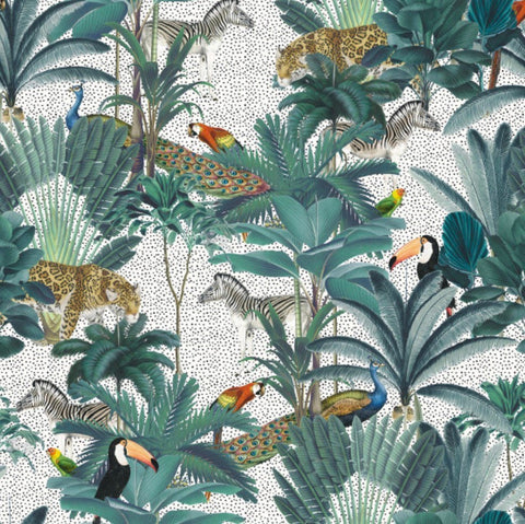 White jungle velvet lampshade french drum with vibrant jungle foliage and animals perfect as a lampshade french drum