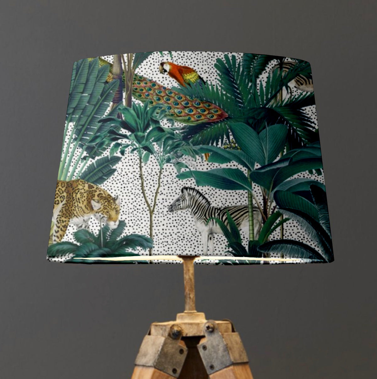 White jungle velvet lampshade french drum with vibrant green foliage peacock zebra and leopard on white dotted background