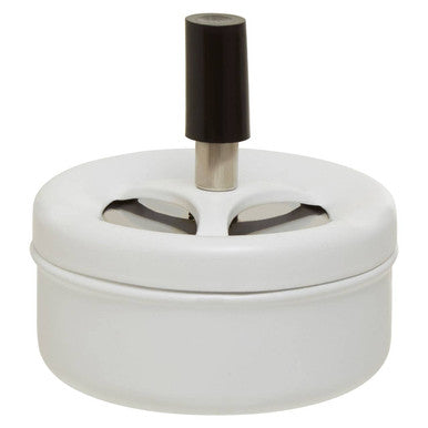 White spinning ashtray with matte finish white ceramic base black cylindrical top and silver metal stem