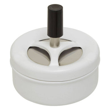 White spinning ashtray made of white ceramic with matte finish black handle and metallic circular cutouts