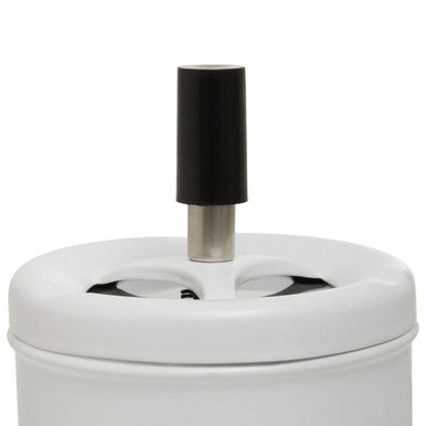White spinning ashtray with a white cylindrical matte finish body and a black silver central stem for easy use