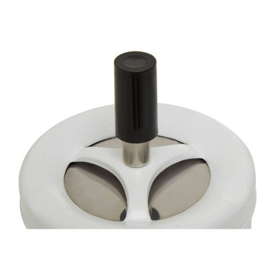 White spinning ashtray with a white plastic base, three metallic oval compartments, and a black spinning handle on top