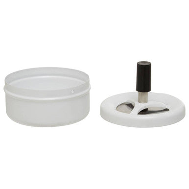 White spinning ashtray made of plastic with black cylindrical handle and circular base with three cutouts for easy spinning