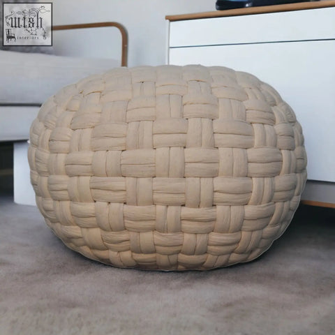 Beige woven fabric pouf with rounded basketweave design for a white tube footstool or tube footstool seat