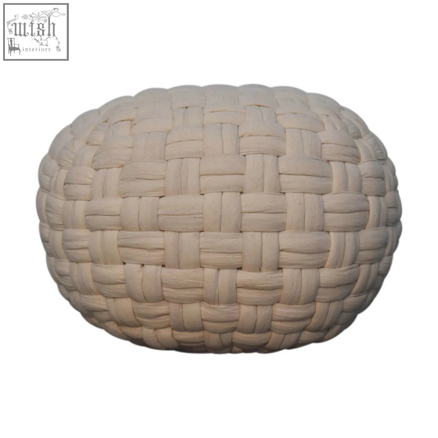 Cream-colored woven white tube footstool with textured interlaced fabric pattern for stylish seating or footrest