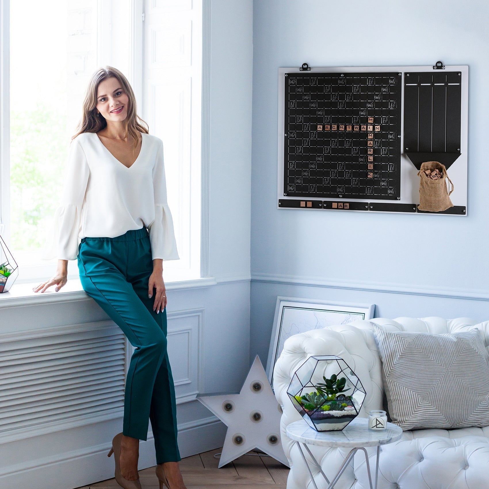 Black chalkboard words wall calendar with jute sack for the player designed for wide age range use