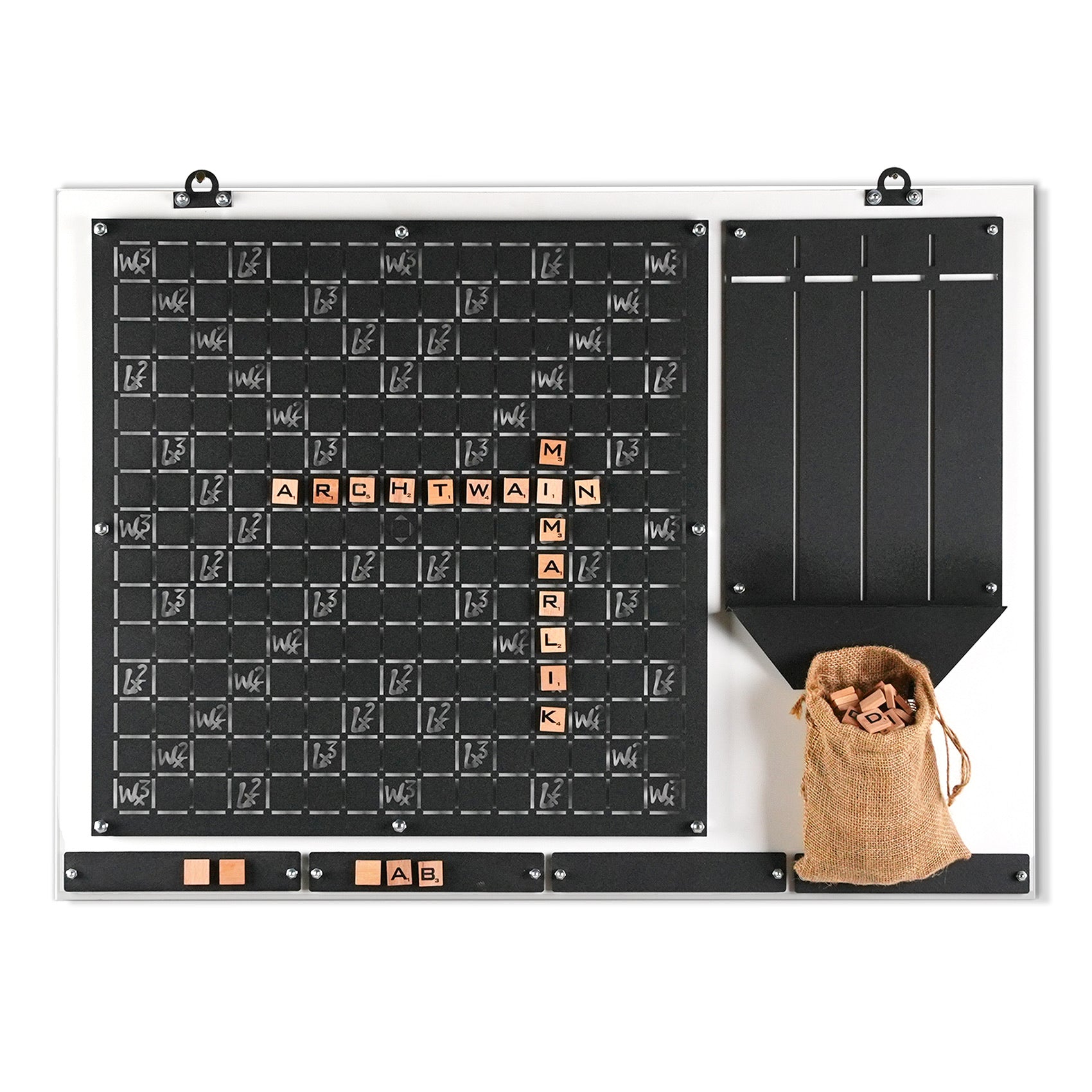 Black magnetic scrabble words wall game with wooden tiles and burlap sack for the player age range 8 and up