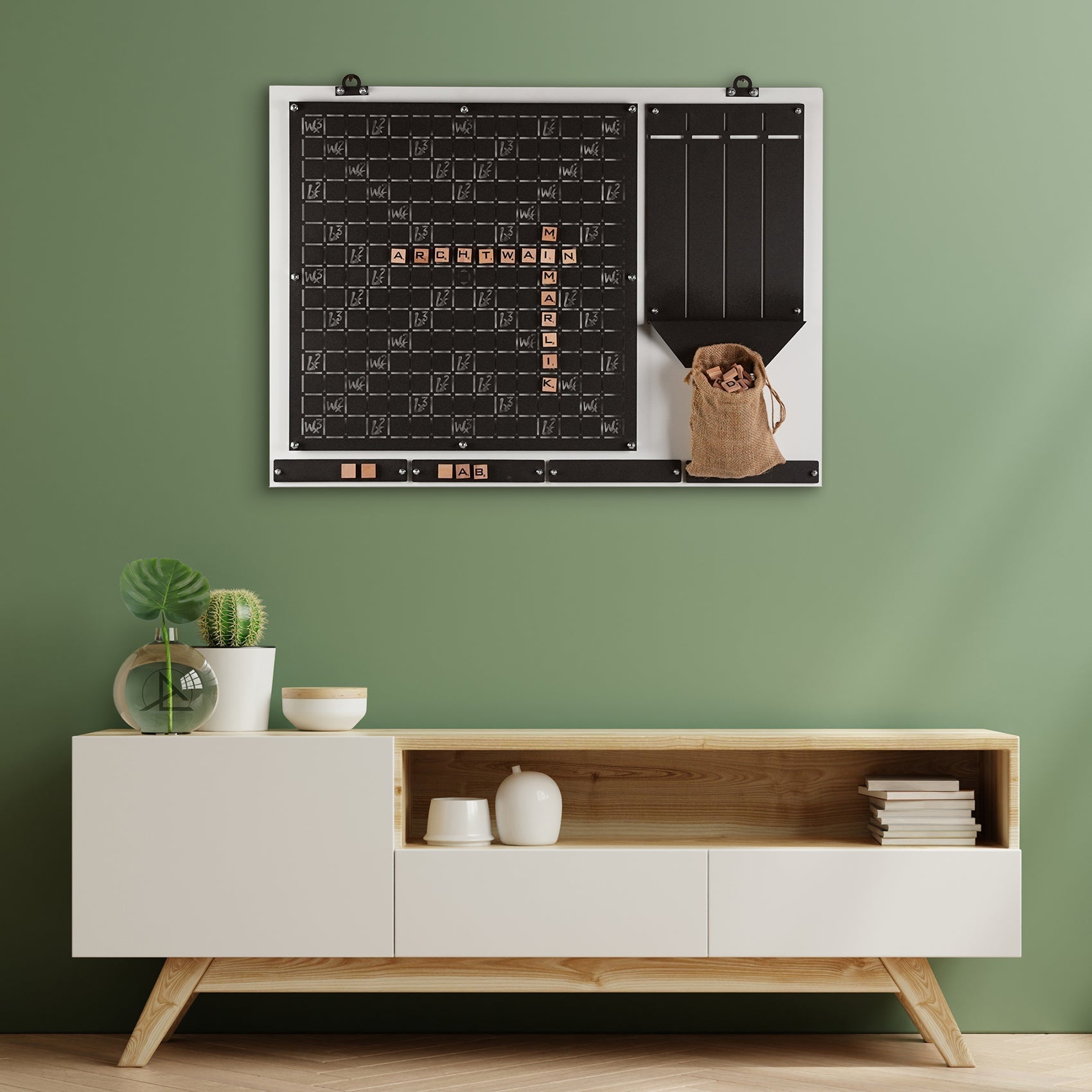 Black and white scratch-off words wall game with wooden letter tiles designed for the player age range 8 to 12