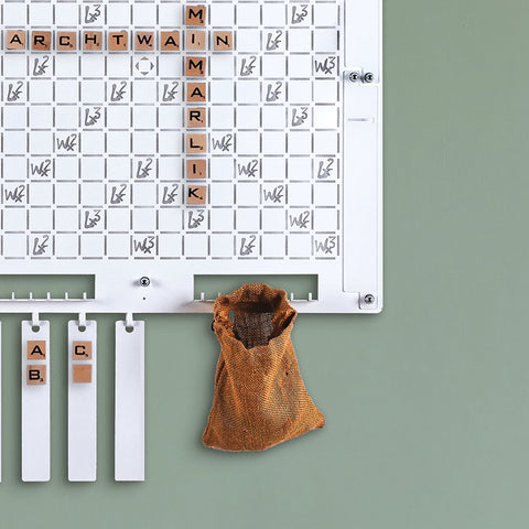 White words wall game magnetic scrabble board with wooden letter tiles and burlap bag for good-feeling social play age range