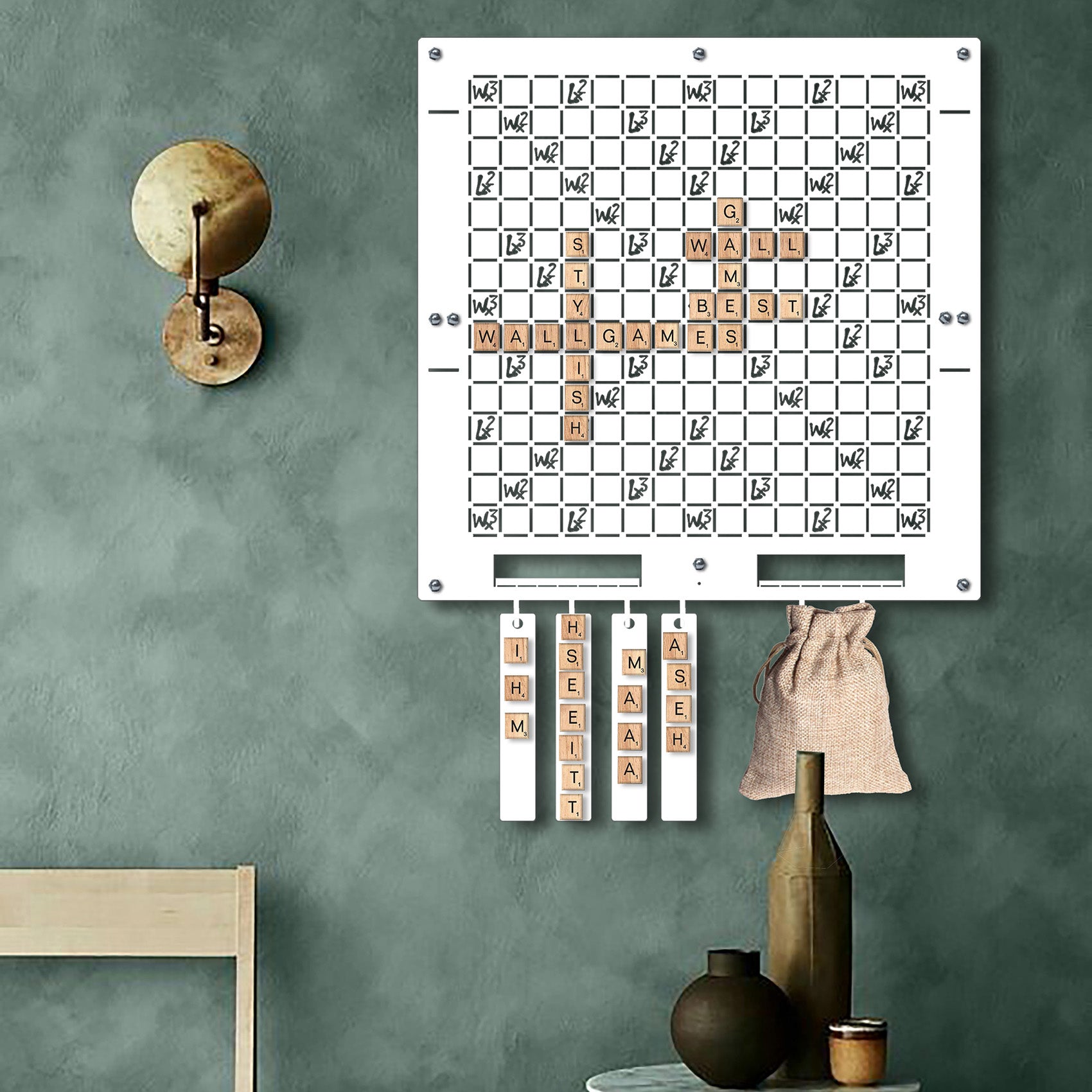 White words wall game with wooden letter tiles on a white wall-mounted scrabble board for good-feeling social play