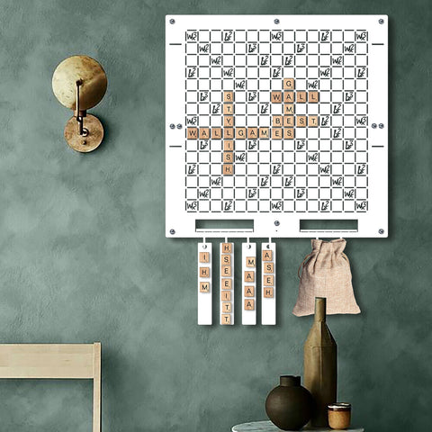 White words wall game with wooden letter tiles on a white wall-mounted scrabble board for good-feeling social play