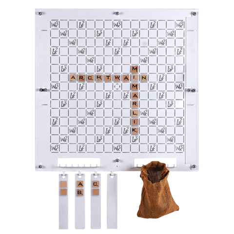White words wall game with white rectangular scrabble board and wooden tiles for good-feeling social play age range 8+
