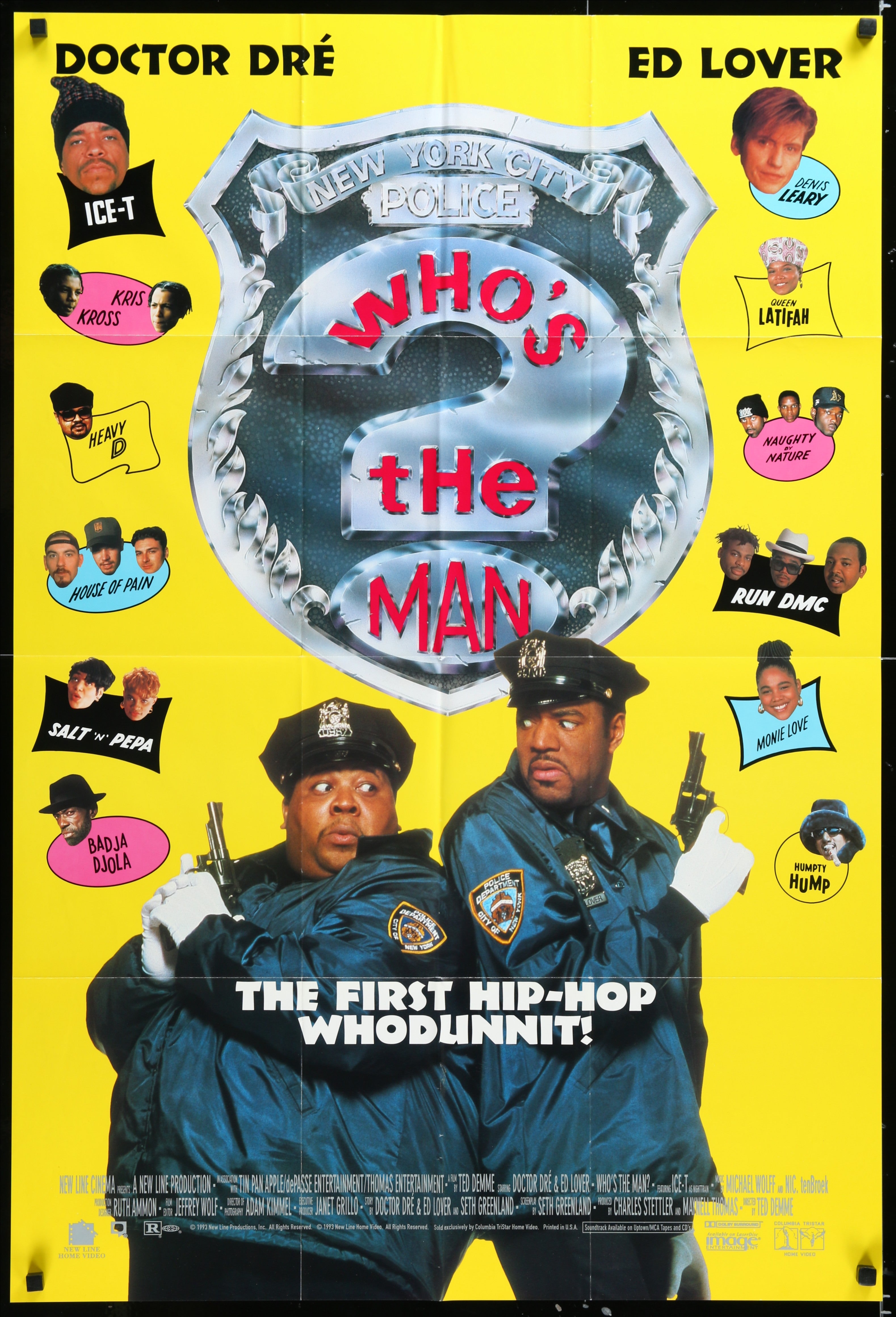 Vibrant yellow who’s the man 1993 movie poster showing two police officers in blue uniforms with metallic shield emblem