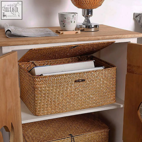 Natural woven wicker storage box with hinged lid and metal handle perfect for seagrass storage baskets use