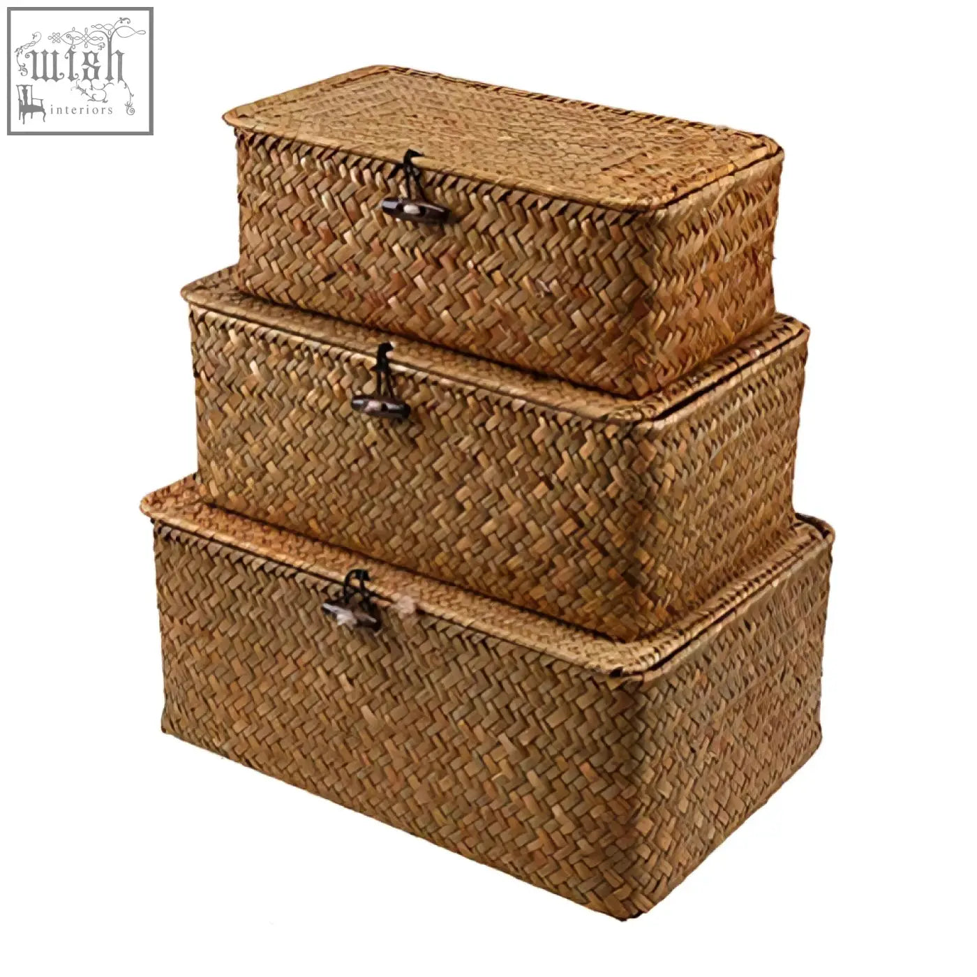 Set of three natural woven seagrass storage baskets with lids and rustic metal latches perfect for living room use