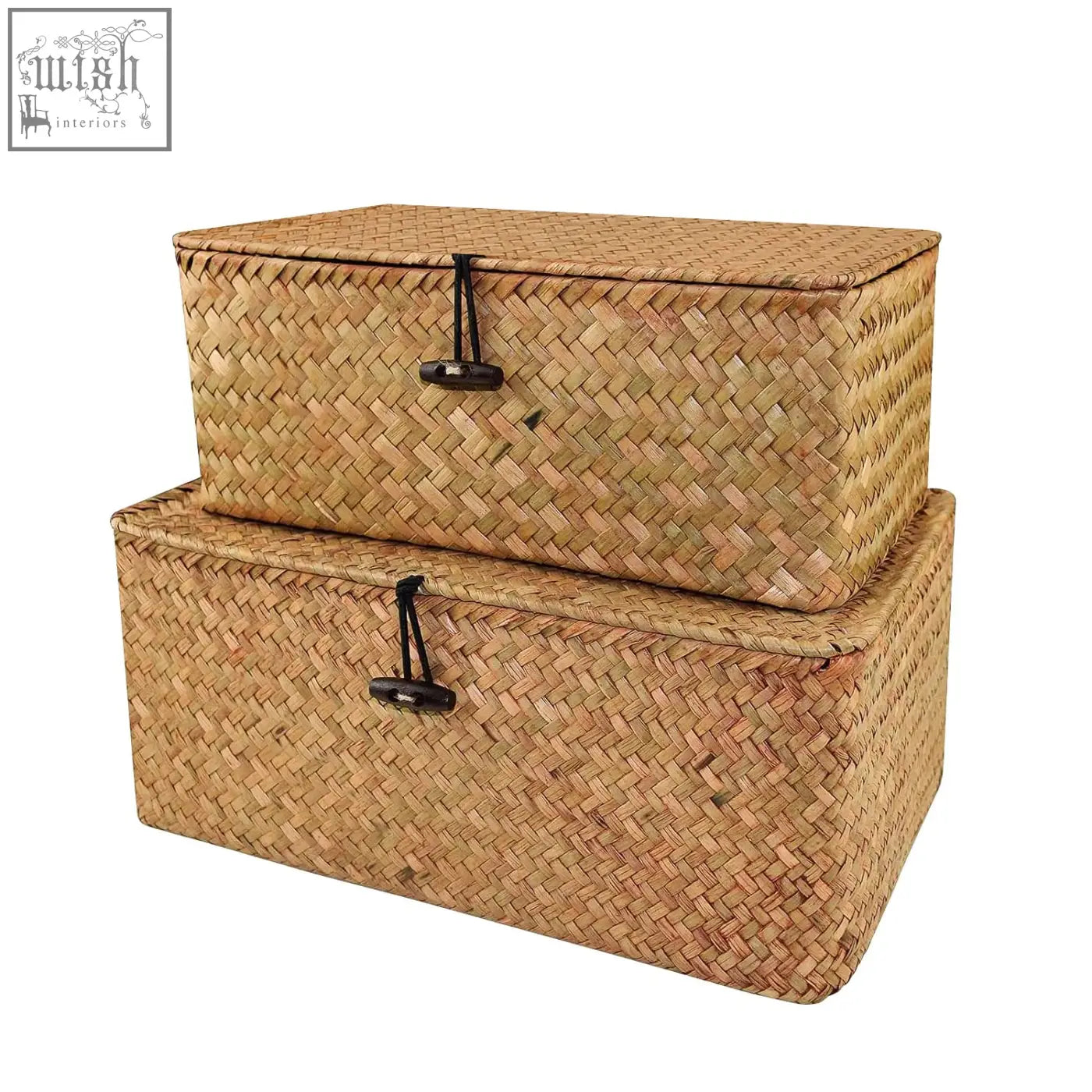 Two rectangular natural straw seagrass storage baskets with herringbone pattern and black drawstring latches for storage baskets