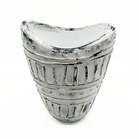 Silver-toned ceramic wide neck shaped vase with textured ribbed design and decorative rivet accents for dry flowers