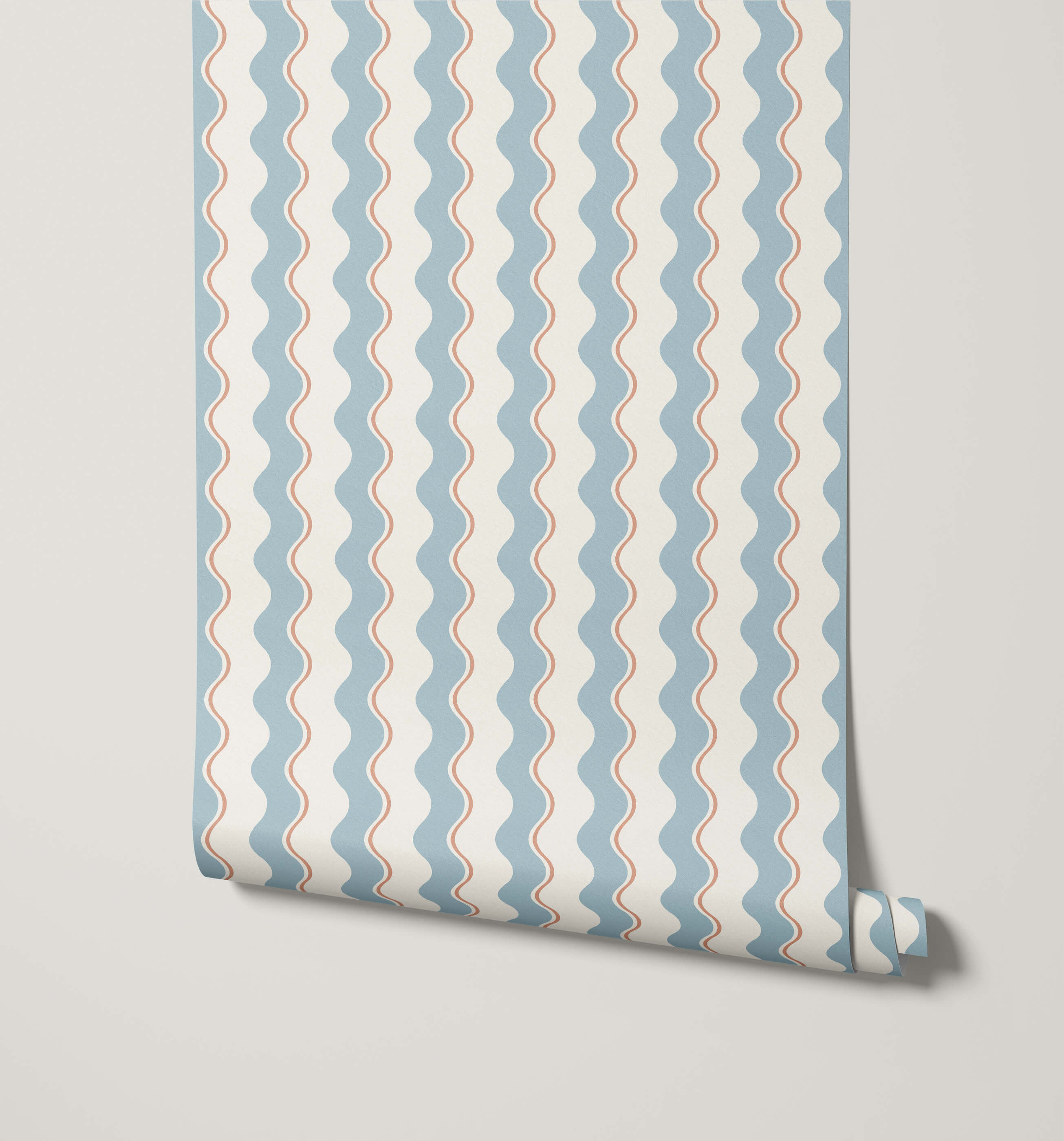 A roll of wiggle wavy stripe wallpaper in light blue and white with subtle peach outlines for stylish wall decor