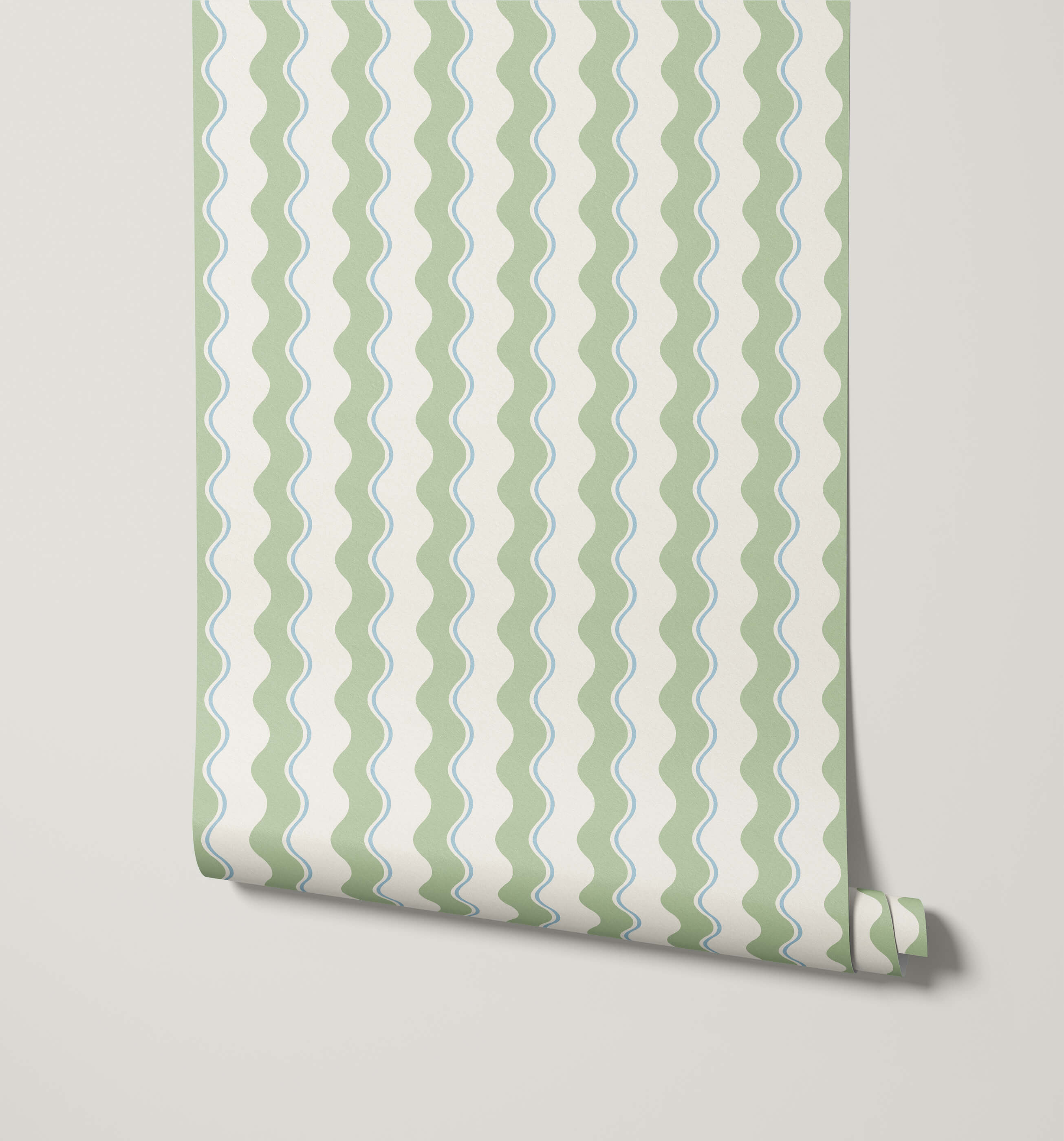 A roll of wiggle wavy stripe wallpaper with soft sage green and pale blue wavy stripes on off-white background
