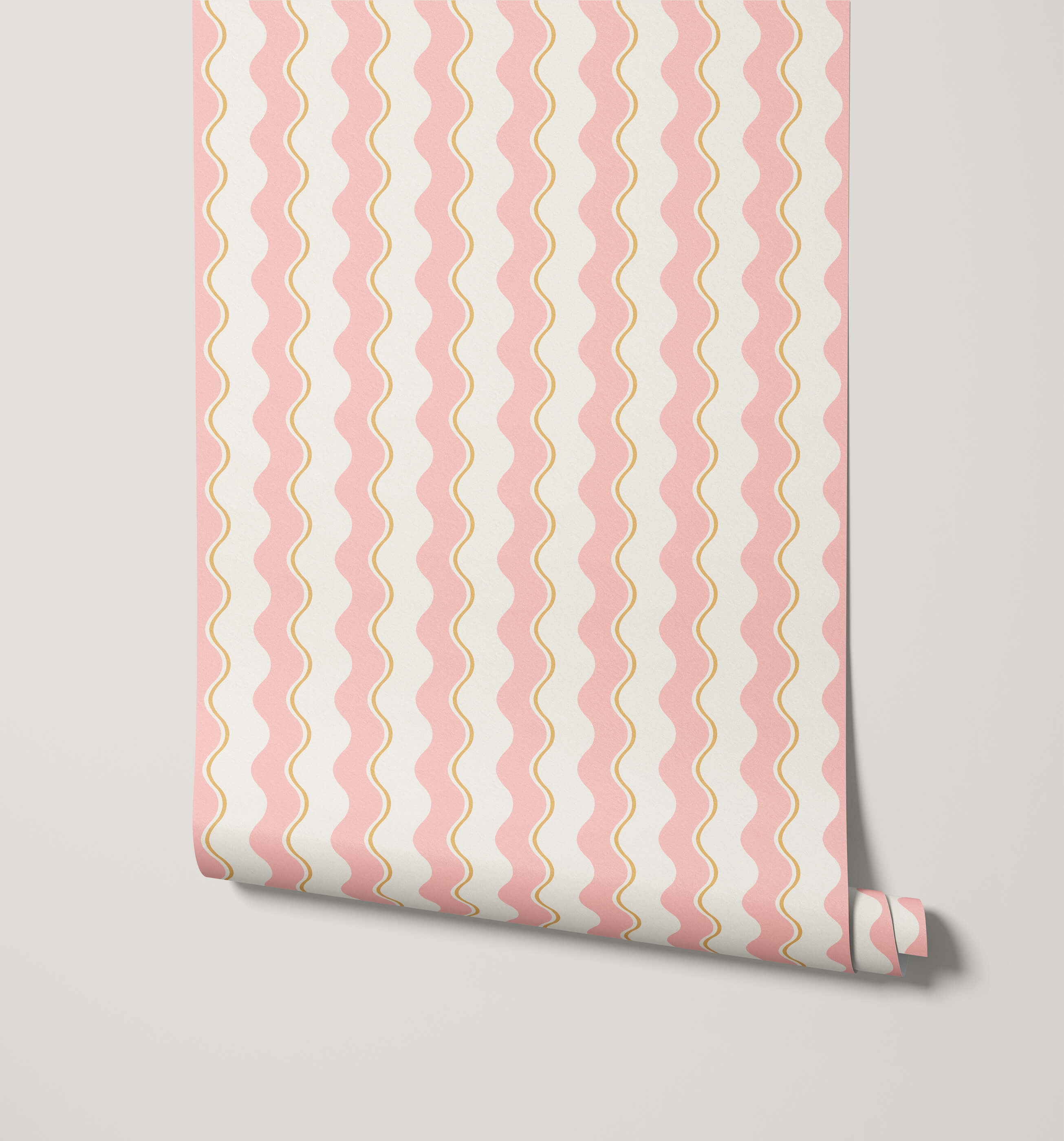 A roll of wiggle wavy stripe wallpaper in pink white with gold accent lines perfect for stylish room decor