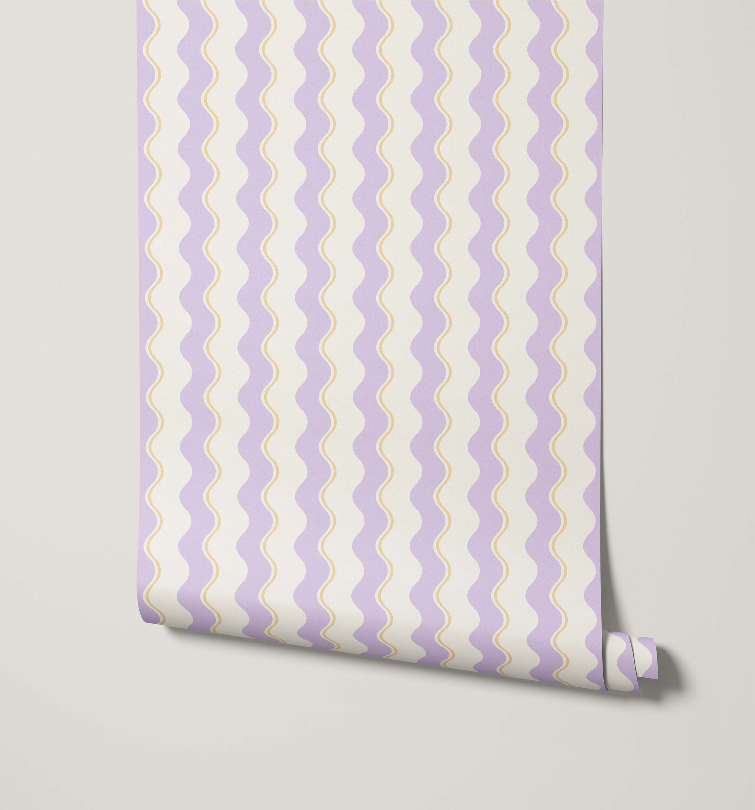 Lavender and cream wavy stripe wallpaper with subtle gold outline from wiggle collection for stylish stripe wallpaper designs