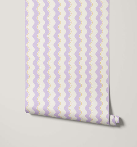 Lavender and cream wavy stripe wallpaper with subtle gold outline from wiggle collection for stylish stripe wallpaper designs