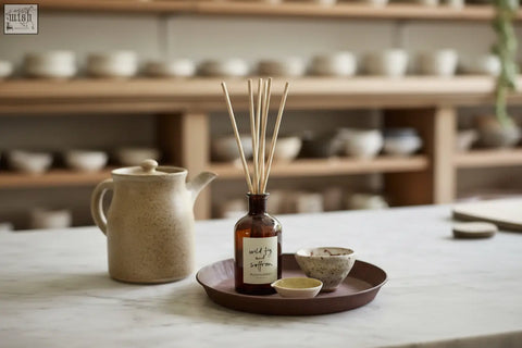 A dark amber glass wild fig and saffron diffuser bottle with light brown wooden reeds for consistent fragrance throw using vegetable oil