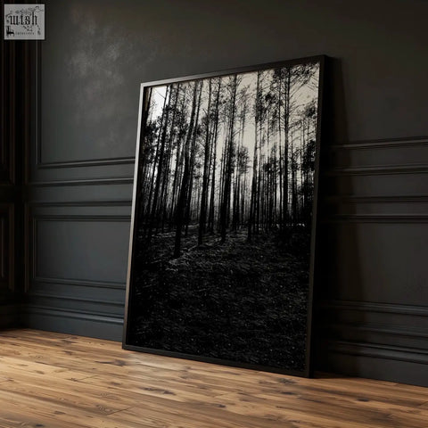 Black-framed black and white forest wildlife wall art photo leaning against a dark wall in set of 3