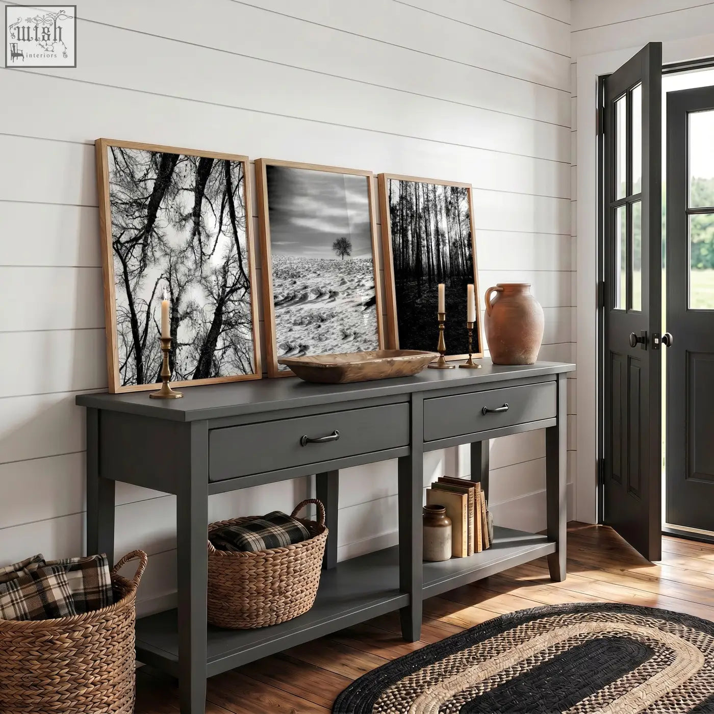 Dark gray console table with drawers and rustic bowl featuring wildlife wall art black and white forest photography set