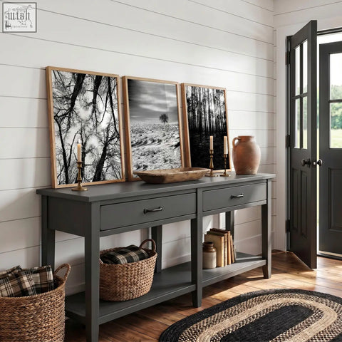 Dark gray console table with drawers and rustic bowl featuring wildlife wall art black and white forest photography set