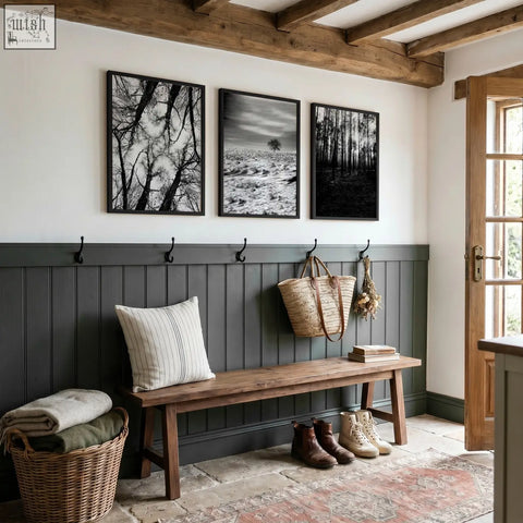 Rustic wooden bench with dark gray paneling and striped pillow in black and white wildlife wall art set of 3