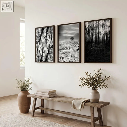 Three black and white wildlife wall art prints with dark wooden frames hang above a rustic bench on a white wall