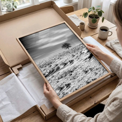 Minimalist black and white wildlife wall art featuring a solitary tree in a snowy forest landscape framed print set of 3