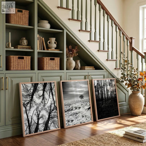 Three framed black and white wildlife wall art photos leaning against a green cabinet under stairs in a set of 3