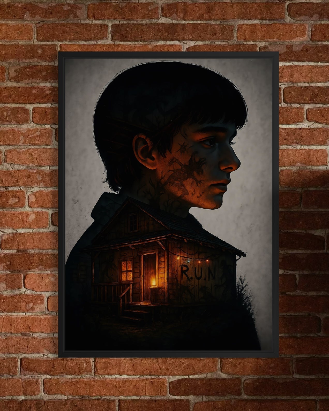 A stranger things poster featuring a framed artwork of will with a house and the word run above the door