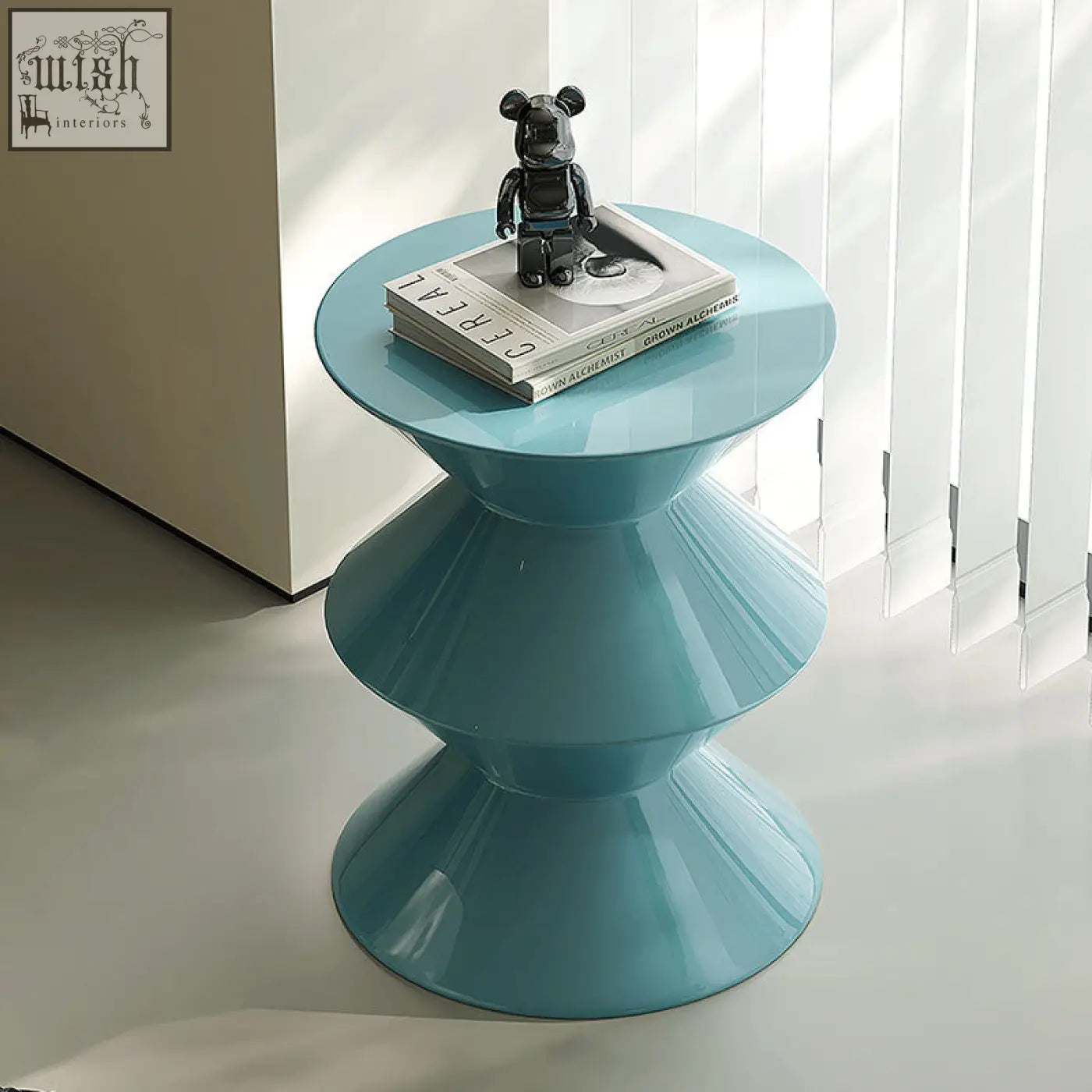 Willa side table blue with sleek glossy teal finish and modern tiered design protected by environmental protection sheet