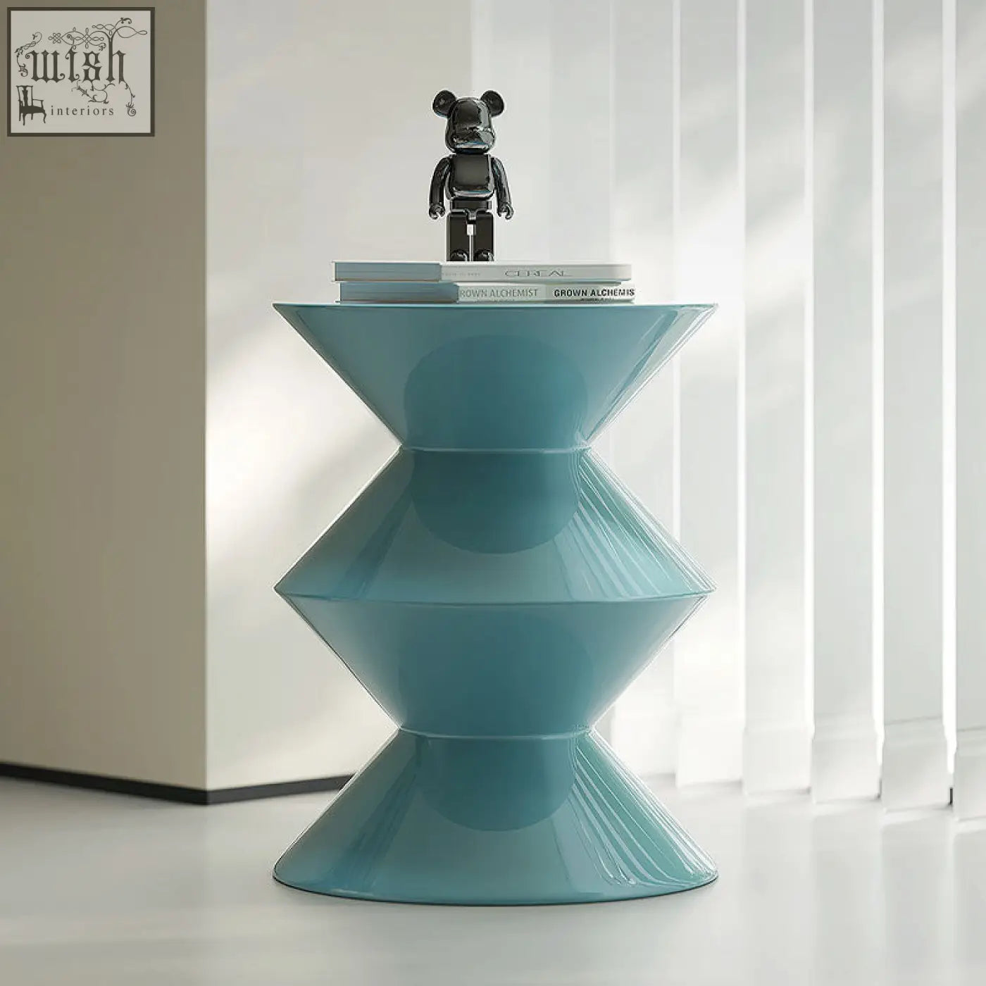 Willa side table blue with sleek teal geometric design and glossy finish made from eco-friendly environmental protection sheet