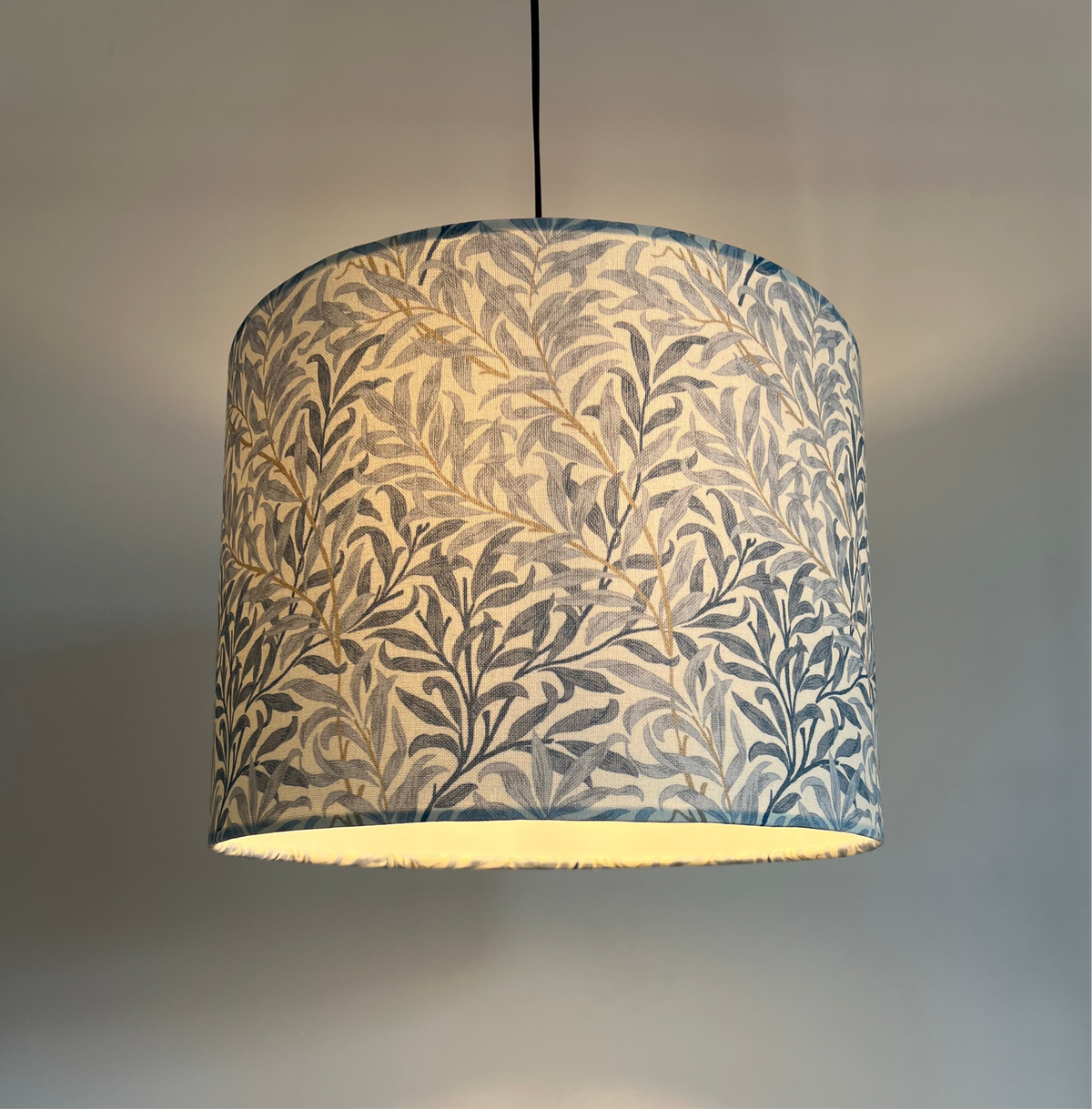 William morris blue willow cotton drum lampshade with cream and grey leaf pattern 30cm height ceiling shade fitting sits 3-4cm