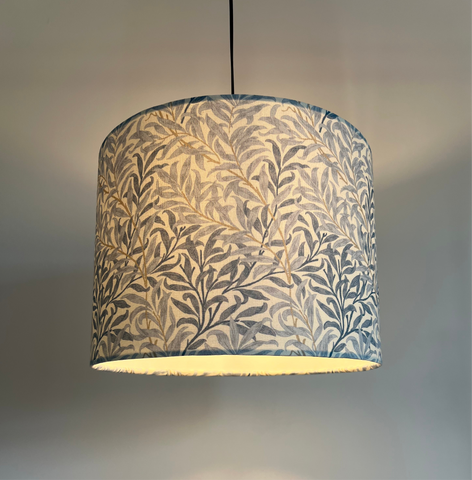 William morris blue willow cotton drum lampshade with cream and grey leaf pattern 30cm height ceiling shade fitting sits 3-4cm
