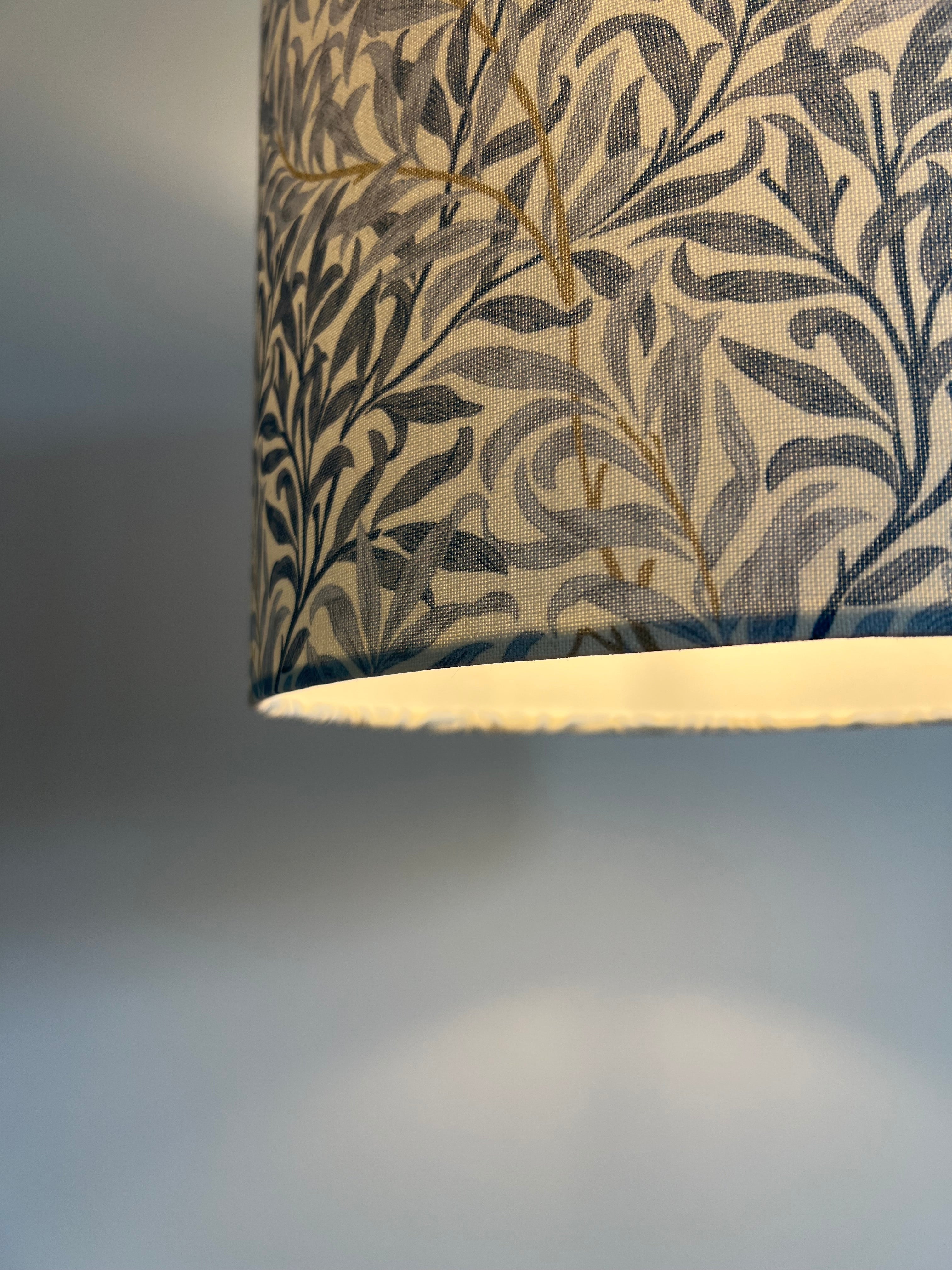 Cylindrical william morris blue willow cotton drum lampshade in blue gray and gold with 30cm height and 3-4cm fitting ceiling shade