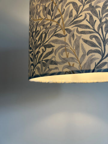Cylindrical william morris blue willow cotton drum lampshade in blue gray and gold with 30cm height and 3-4cm fitting ceiling shade