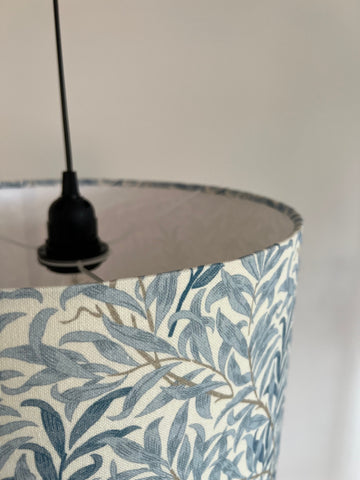 William Morris blue willow cotton drum lampshade with 30cm height, delicate blue leaf fabric, white lining, fitting sits 3-4cm ceiling shade