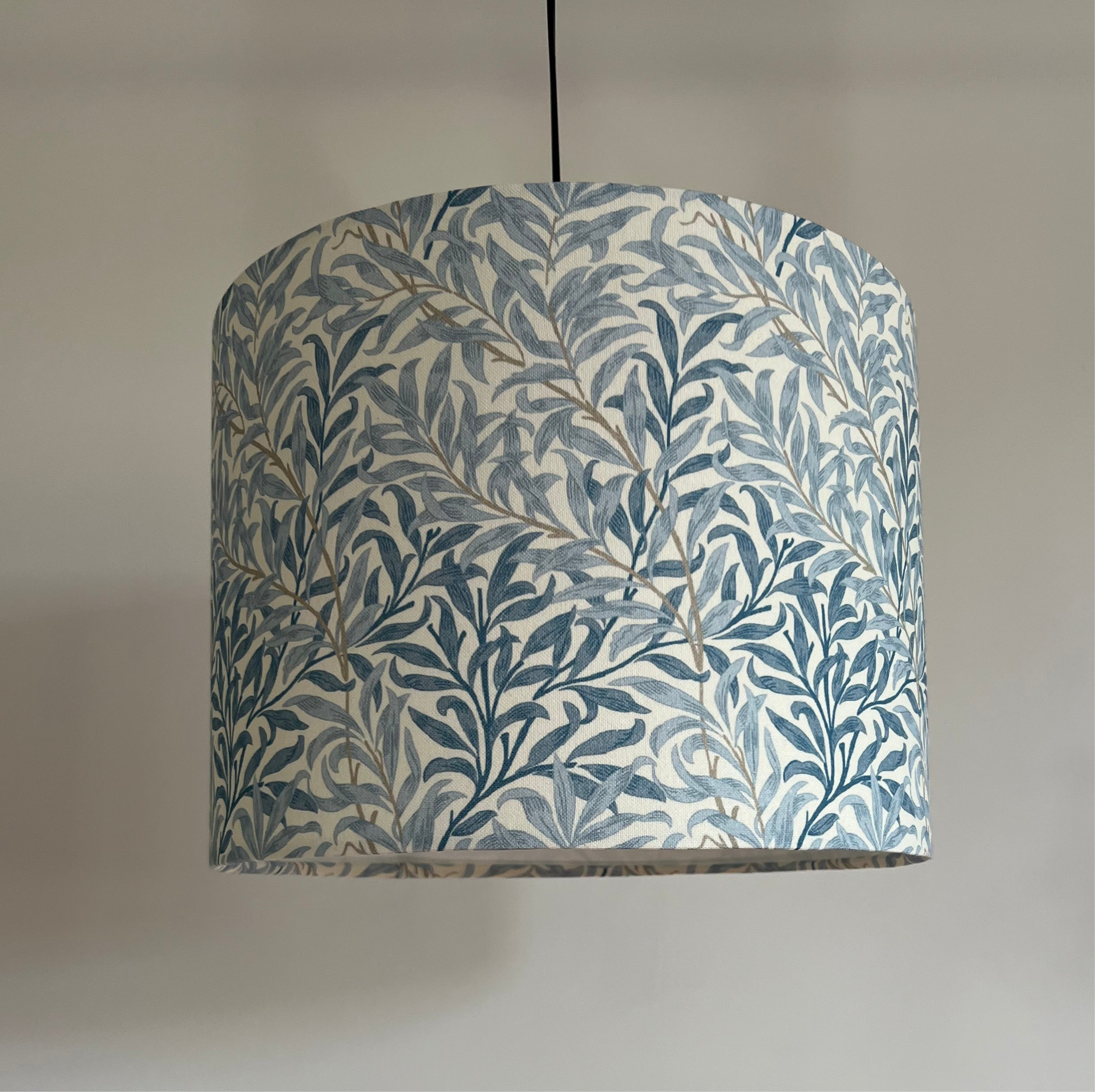 Cylindrical william morris blue willow cotton drum lampshade with 30cm height ceiling shade and 3-4cm fitting sits