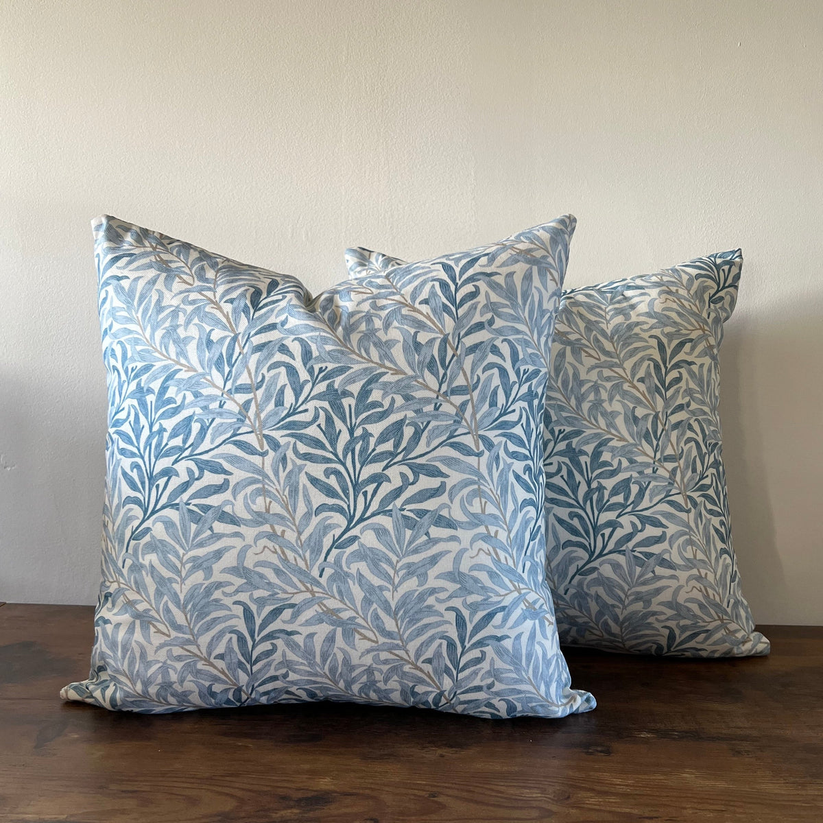 Blue and white cotton scatter cushions with william morris blue willow leaves pattern and delicate leaf design
